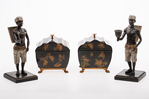 3753742: Pair of Painted Metal Blackamoor Figures and Black
 Tole Boxes, 20th Century E3RDJ