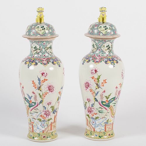 3776717: Pair of Famille Rose Decorated Porcelain Covered Vases, Modern E3RDC