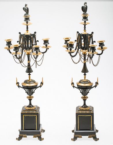 3776799: Pair of French Neoclassical Style Bronze and Marble
 6-Light Candelabras, 19th Century E3RDJ