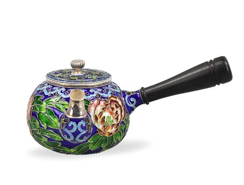 Chinese Silver Enamel Teapot w/ Handle, ROC Period