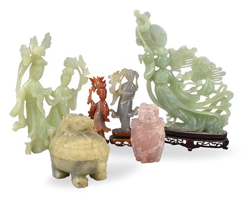 6 Chinese Jade & Agate & Rose Quartz Figures