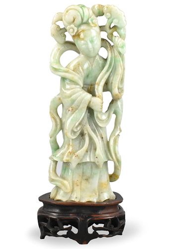 Chinese Jadeite Carved Lady Figure & Stand, Qing D