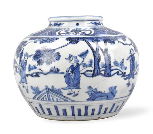 Chinese Blue & White Jar w/ 8 Immortals
