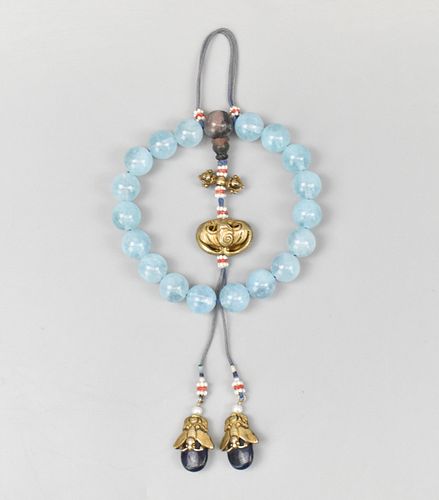 Chinese Aquamarine Beads Bracelet & Box