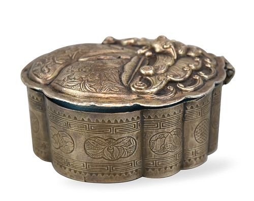 Chinese Silver Covered Box w/ Bat, Qing Dynasty