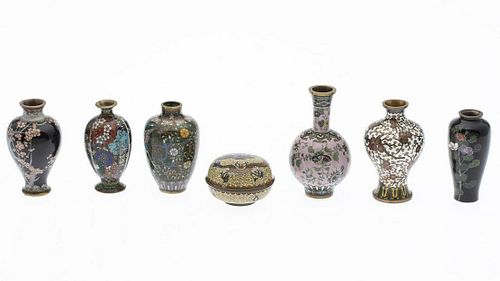 6 Asian Cloisonne Miniature Vases and a Box