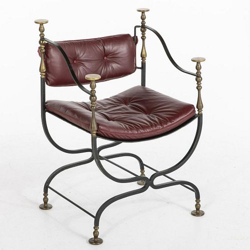 Savonarola Style Wrought Iron and Brass Armchair