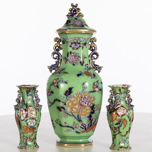 English Lidded Porcelain Urn & a Pair of Vases, 19th C