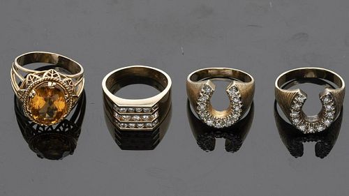 Three Men's 14K Gold and Stone Rings and a 10K Ring