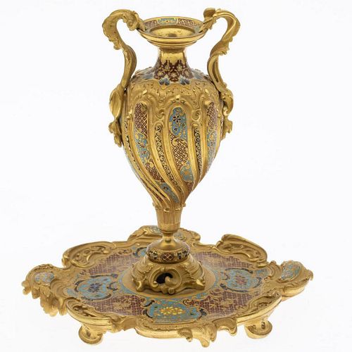 French Champleve Urn on Tray