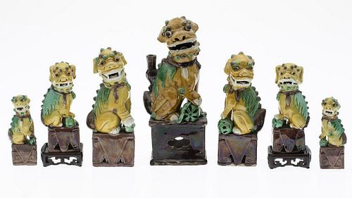 7 Yellow and Green Ceramic Fu Dogs