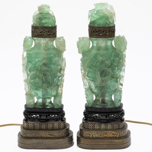 Pair of Chinese Quartz Lidded Urns
