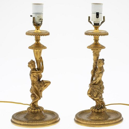 Pair of French Gilt-metal Candlesticks Lamps