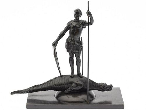Grand Tour Bronze of Roman Soldier w/ Crocodile,19th C