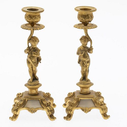 Pair of French Gilt-Bronze Candlesticks, 19th C.