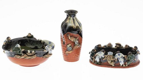 Sumida Gawa Vase and Two Pottery Bowls