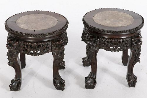 Pair of Chinese Hardwood and Marble Inset Stands