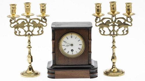 English Mahogany Mantle Clock & Pair of Candlesticks