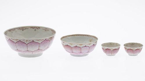 Two Chinese Export Lotus Bowls & Two Cups, 18th C
