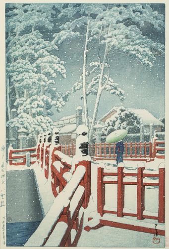 Hasui, Snow at Yakumo Bridge, Mnagata Shrine,Woodblock