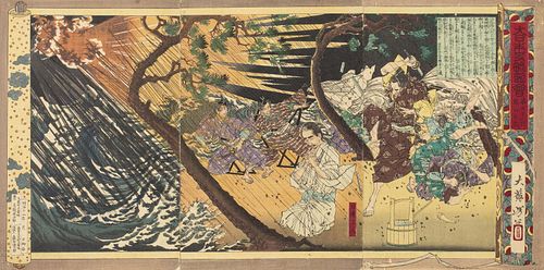 Japanese Woodblock Triptych of a Storm