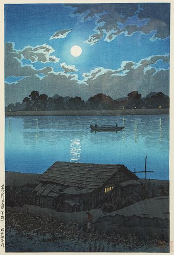 Kawase Hasui, Full Moon at Arakawa, Woodblock, 1929