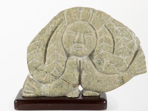 Inuit Carved Stone Sculpture of Face with Walruses