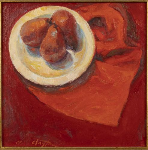 Jan Clayton, Red Still Life with Fruit, Oil on Board