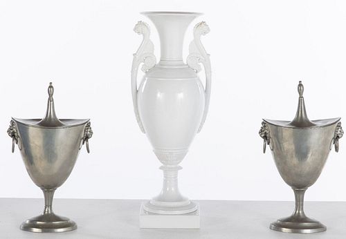 Russian White Porcelain Vase and Pair of Pewter Urns