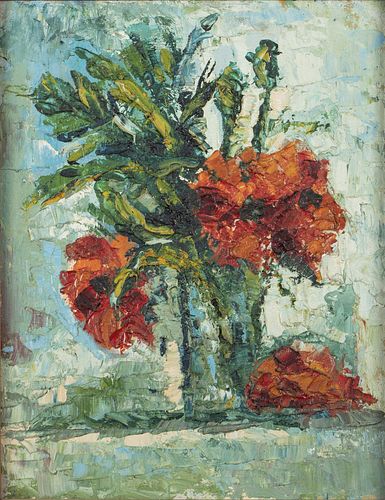 Unsigned, Still Life of Red Flowers, Oil on Board
