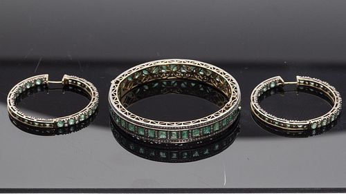 Pair of 18K Diamond & Emerald Earrings & a Bracelet