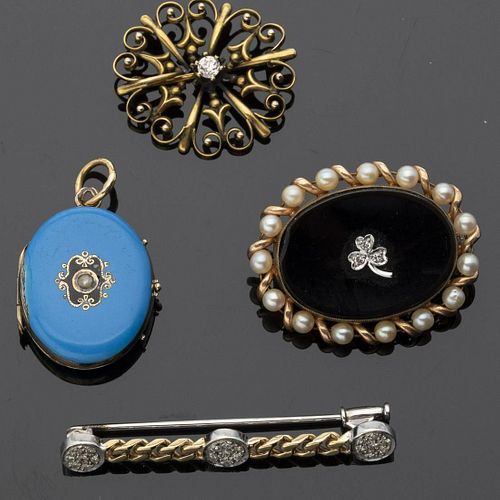 Group of 3 Gold Pins and a Gold and Enamel Pendant