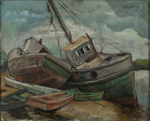 Augusta Oelschig, Boats, Oil on Canvas
