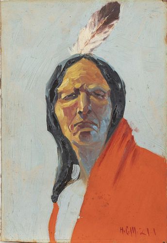 Initial Signed, Portrait of an Indian, Oil on Board