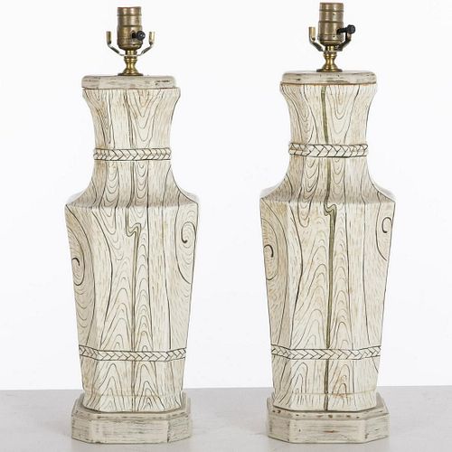 Pair of Faux Bois Ceramic Lamps, Modern