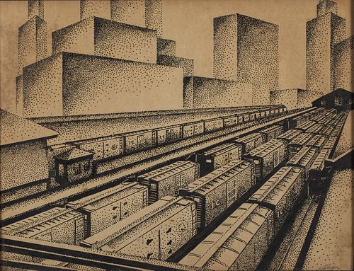 D. Spangler, Train station, Pen and Ink
