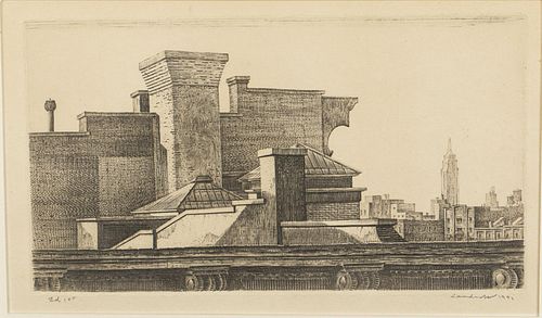 Armin Landeck, Rooftops, Engraving, 1941