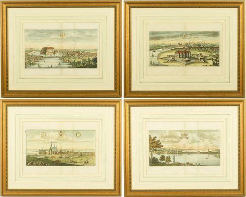 4 European Hand Colored Engravings of Towns, 18th C