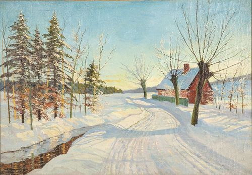 Carl Wennemoes, Snow Scene, Oil on Burlap