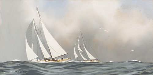 Leon Haffber, Sailboats, Gouache on Paper
