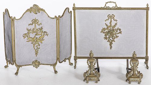Two French Fire Screens & a Pair of French Andirons
