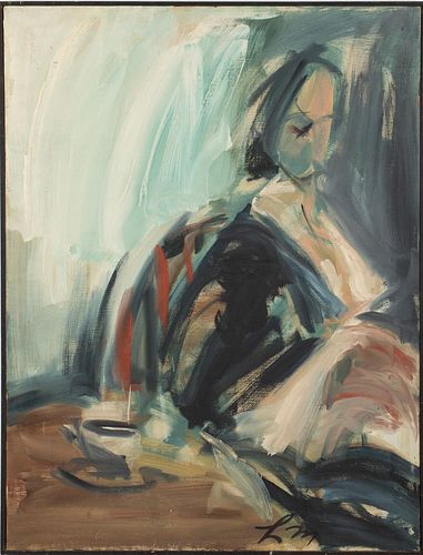 Initial Signed, Seated Figure with Coffee Cup, O/C