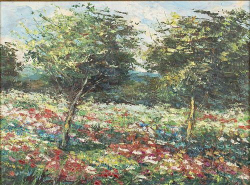 Landscape with Trees and Flowers, Oil on Canvas