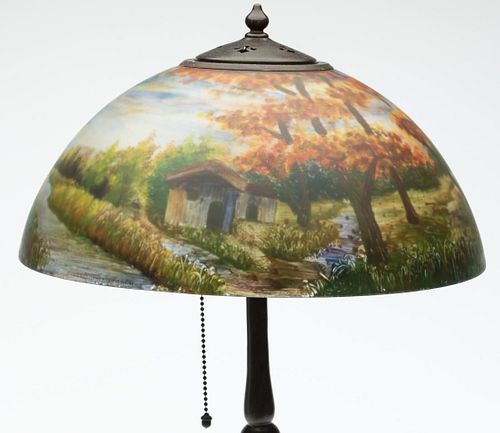 Handel Glass and Bronze Lamp with Painted Shade