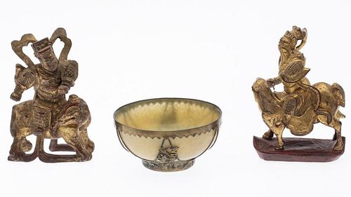 2 Chinese Carved Giltwood Figures & Hardstone Bowl