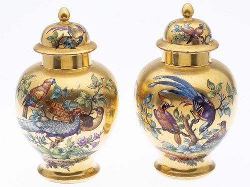 Pair of Dresden Gold and Bird Decorated Lidded Jars