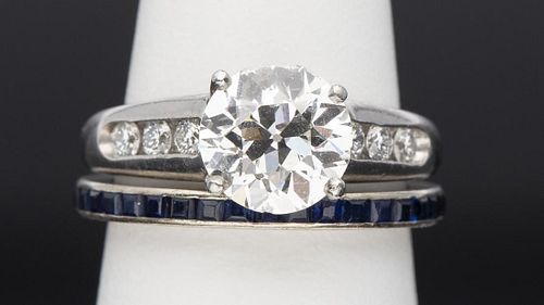 Diamond and Platinum Engagement Ring & Sapphire Band