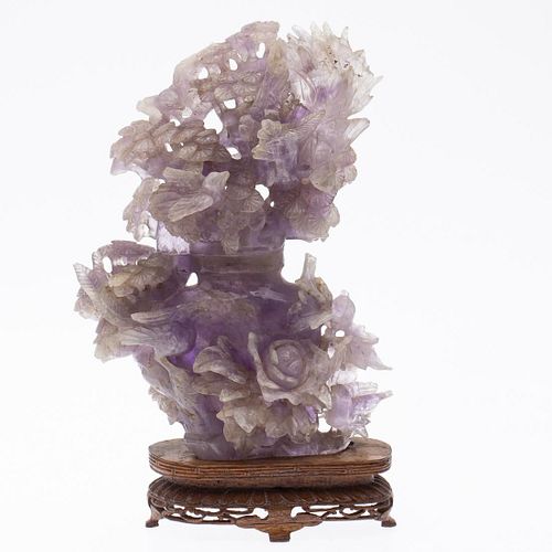 Chinese Amethyst Carving of Birds and Flowers