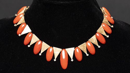 14K Gold, Diamond and Coral Necklace