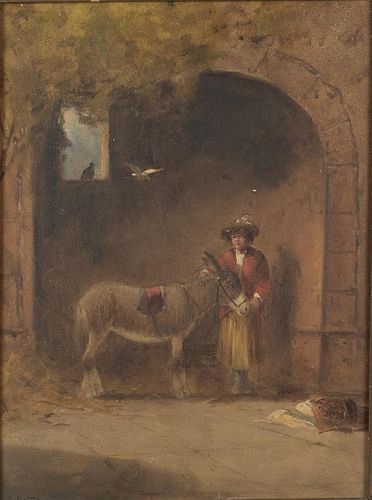 G W Nicholson, Man with Donkey in a Barn, Oil